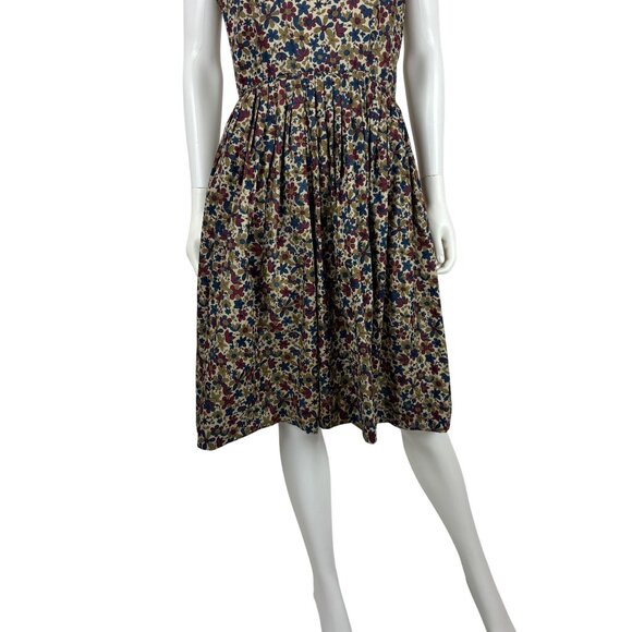 Vintage 60s Floral Dress Womens Medium Dark Groovy Print Sleeveless Fit & Flare - Picture 7 of 12